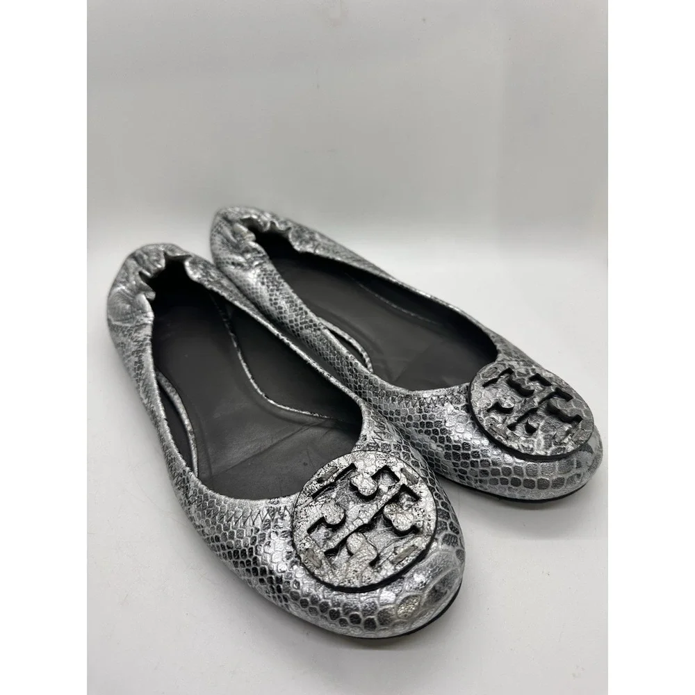 Tory Burch Reva Ballet Flats Silver Metallic Snake Embossed Leather Size 10M